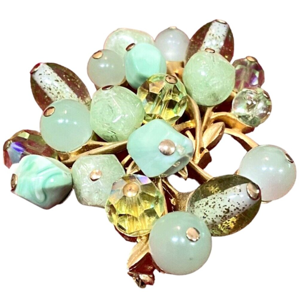 CORO Vintage Gold Tone Various Shapes Shades Green Beads Flecked 2.5" Pin Brooch